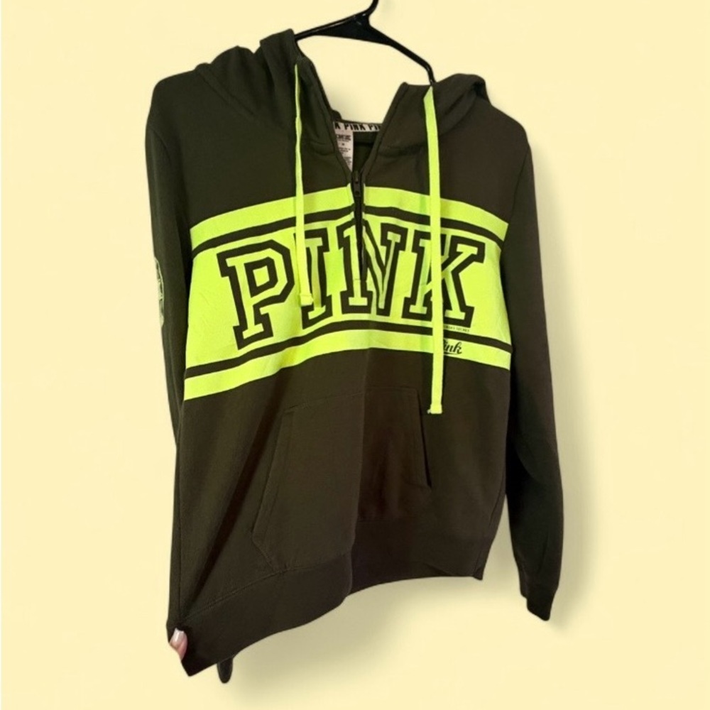 PINK Victoria’s Secret Neon Green Logo Half Zip Hoodie Size Medium - Picture 3 of 7